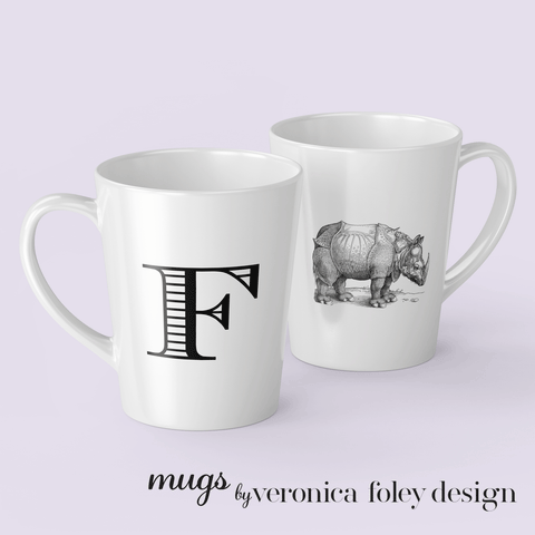 Letter F Durer Rhinoceros Mug with Initial, 12 ounce Tapered Latte Style