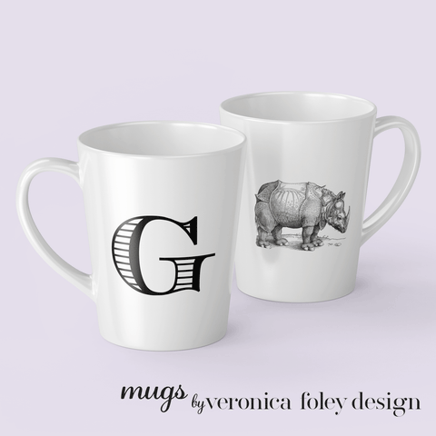 Letter G Durer Rhinoceros Mug with Initial, 12 ounce Tapered Latte Style
