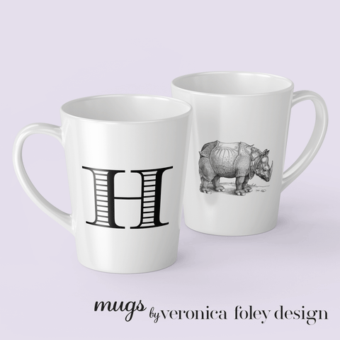 Letter H Durer Rhinoceros Mug with Initial, 12 ounce Tapered Latte Style