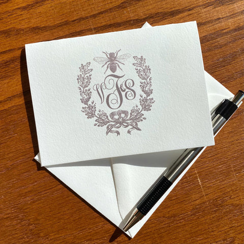Monogrammed French Bee Stationery with Wreath