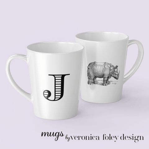 Letter J Durer Rhinoceros Mug with Initial, 12 ounce Tapered Latte Style