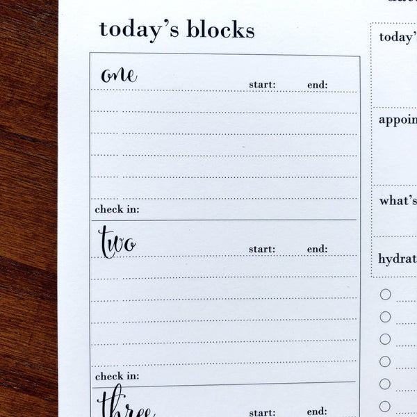 Flexible time blocking planner pad for daily planning