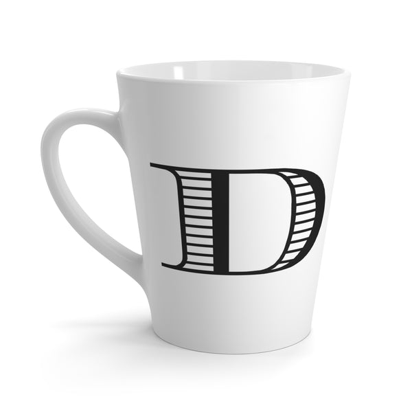 Letter D Durer Rhinoceros Mug with Initial, 12 ounce Tapered Latte Style