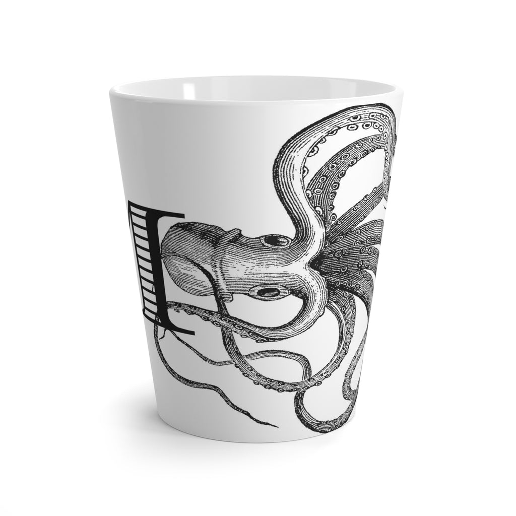Letter M Octopus Mug with Initial, 12 ounce Tapered Latte