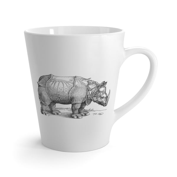 Letter J Durer Rhinoceros Mug with Initial, 12 ounce Tapered Latte Style