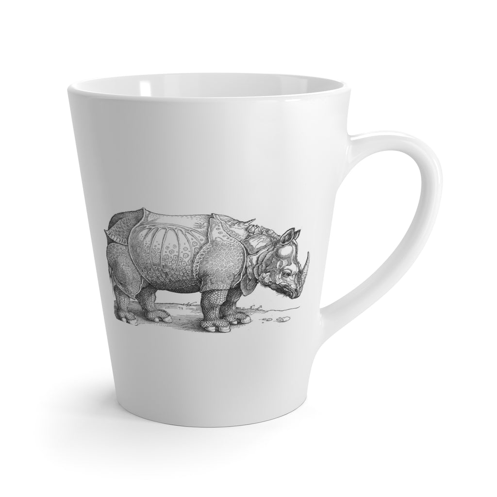 Letter F Durer Rhinoceros Mug with Initial, 12 ounce Tapered Latte Style