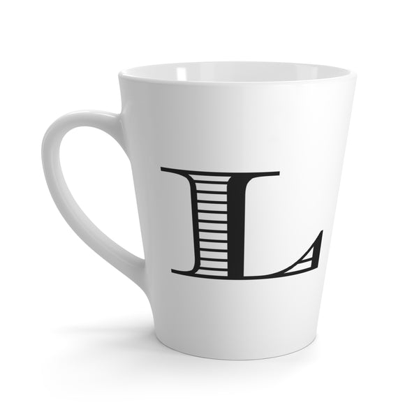 Letter L Durer Rhinoceros Mug with Initial, 12 ounce Tapered Latte Style