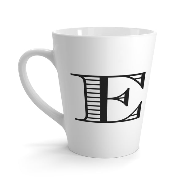 Letter E Durer Rhinoceros Mug with Initial, 12 ounce Tapered Latte Style