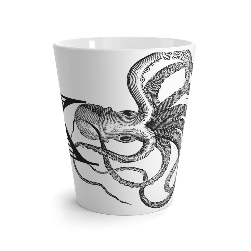 Letter K Octopus Mug with Initial, 12 ounce Tapered Latte