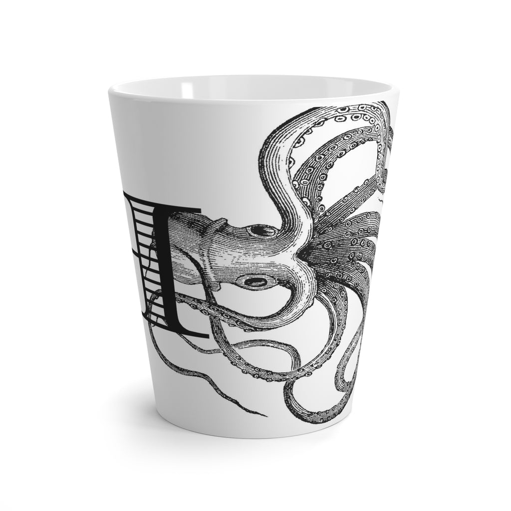 Letter H Octopus Mug with Initial, 12 ounce Tapered Latte