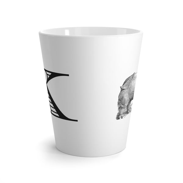 Letter K Durer Rhinoceros Mug with Initial, 12 ounce Tapered Latte Style
