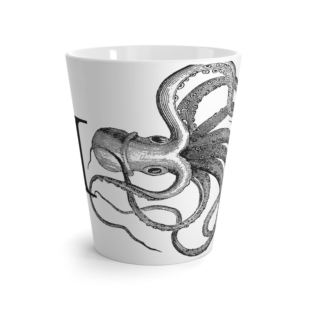 Letter I Octopus Mug with Initial, 12 ounce Tapered Latte