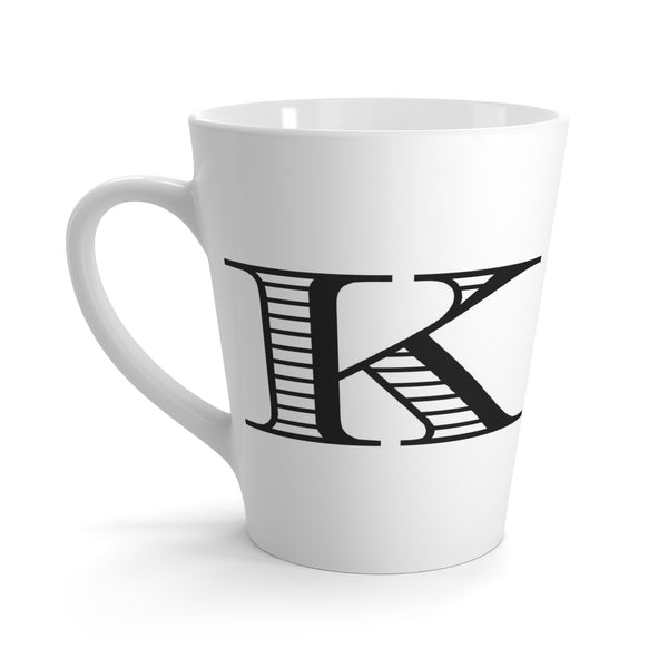 Letter K Durer Rhinoceros Mug with Initial, 12 ounce Tapered Latte Style