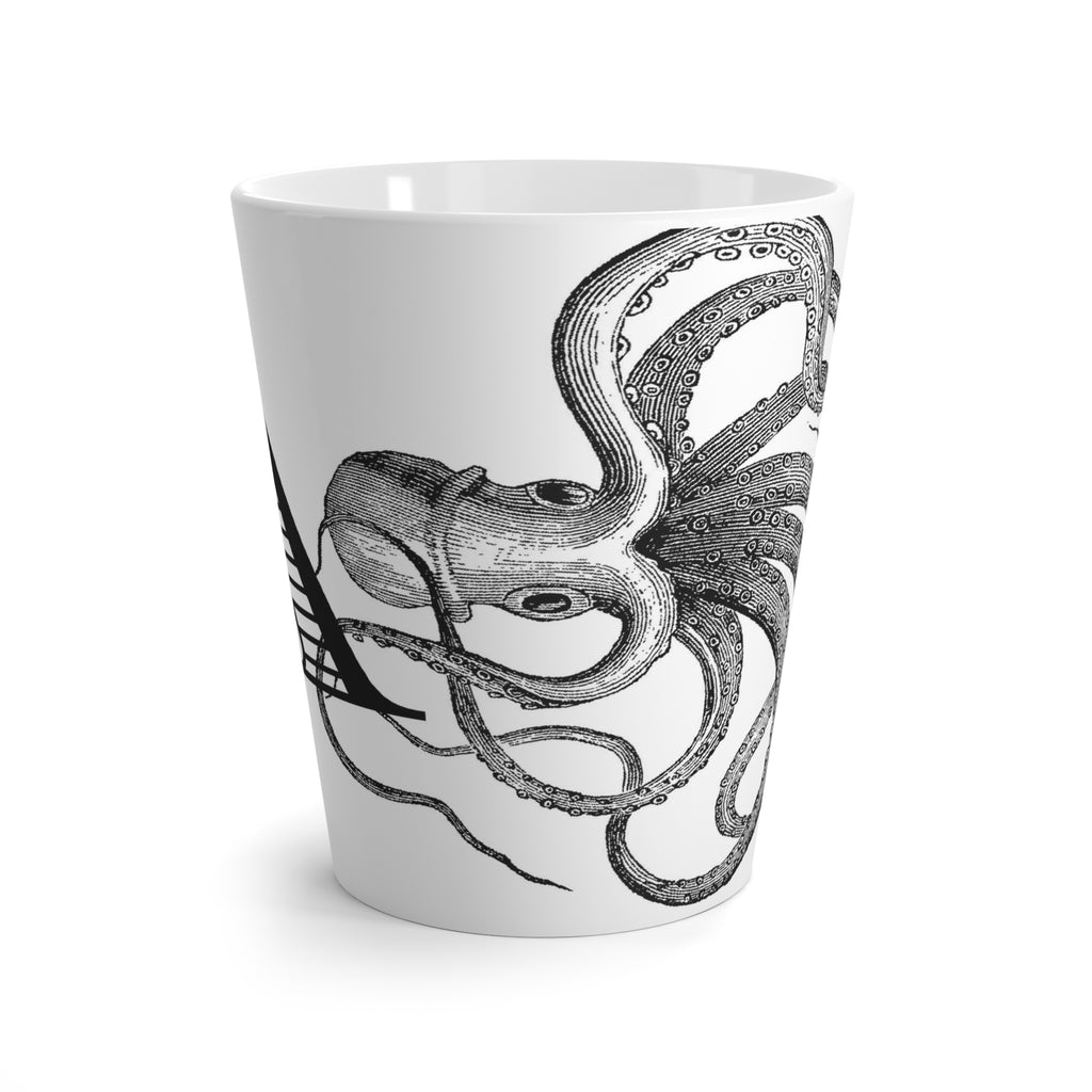 Letter A Octopus Mug with Initial, 12 ounce Tapered Latte