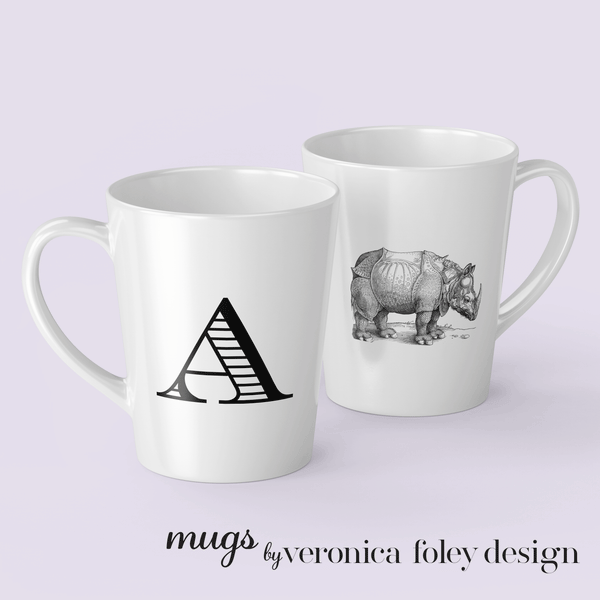 Letter A Durer Rhinoceros Mug with Initial, 12 ounce Tapered Latte Style