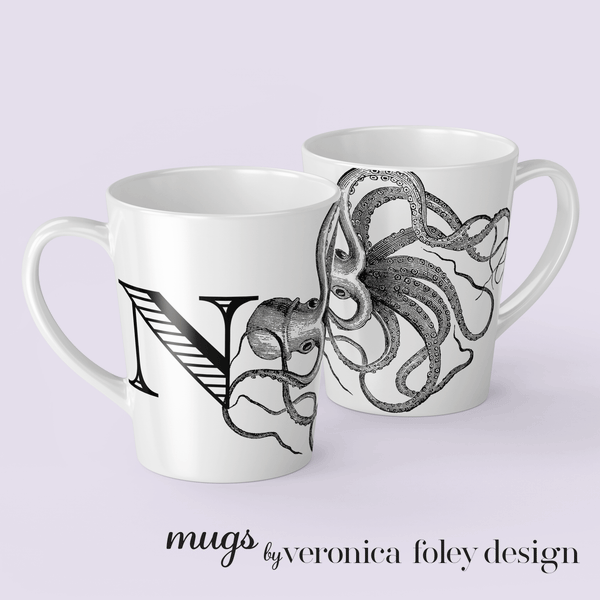 Letter N Octopus Mug with Initial, 12 ounce Tapered Latte Style