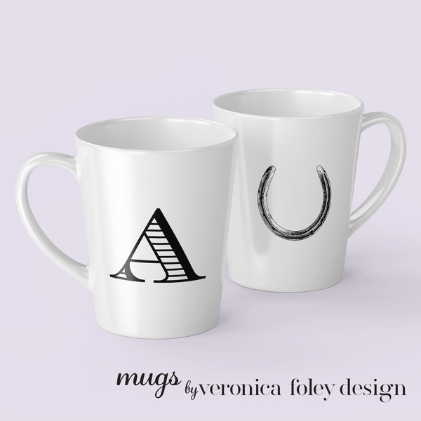 Letter A Horse Shoe Mug with Initial, Tapered Latte Style