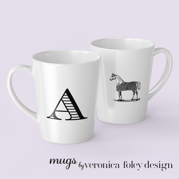 Letter A Vintage Blanket on Horse Mug with Initial, Tapered Latte Style