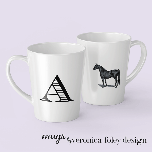 Letter A Warmblood Horse Mug with Initial, Tapered Latte Style