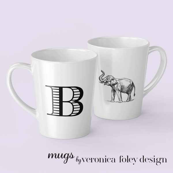 Letter B Elephant Mug with Initial, Tapered Latte Mug