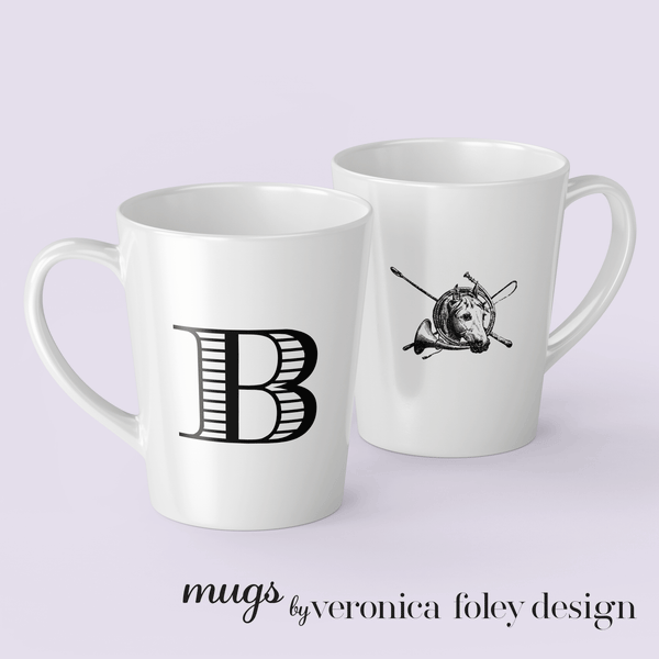 Letter B Equestrian Motif Horse Mug with Initial, Tapered Latte Style