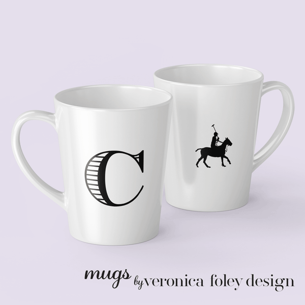 Letter C Polo Pony or Horse Mug with Initial, Tapered Latte Style