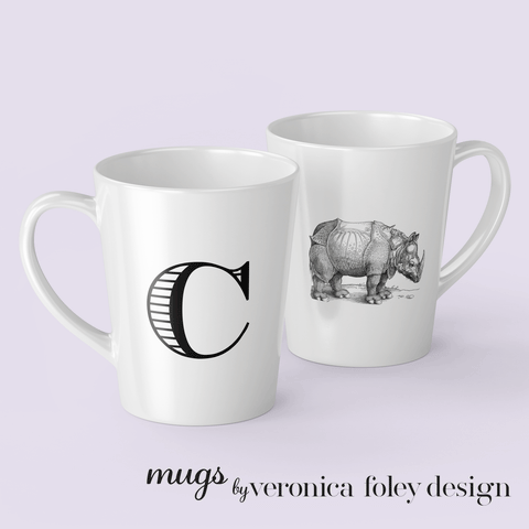Letter C Durer Rhinoceros Mug with Initial, 12 ounce Tapered Latte Style