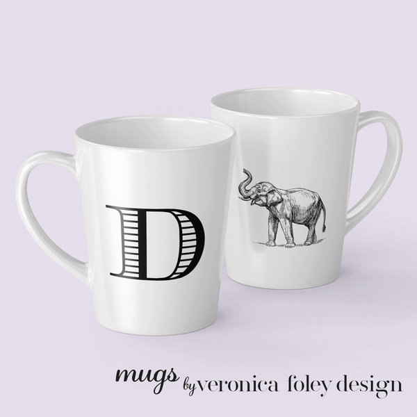 Letter D Elephant Mug with Initial, Tapered Latte Mug