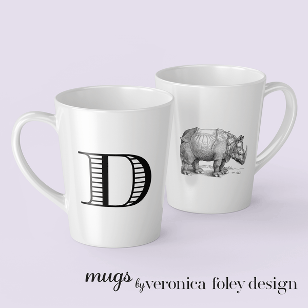 Letter D Durer Rhinoceros Mug with Initial, 12 ounce Tapered Latte Style