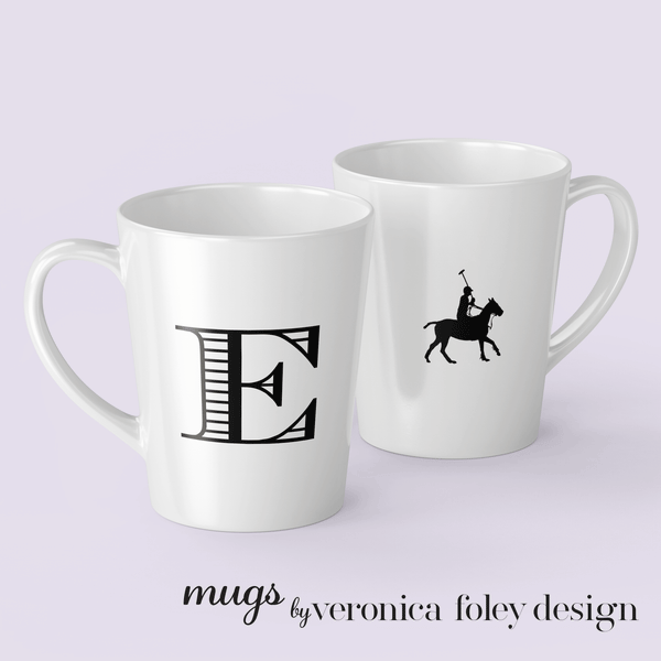Letter E Polo Pony or Horse Mug with Initial, Tapered Latte Style