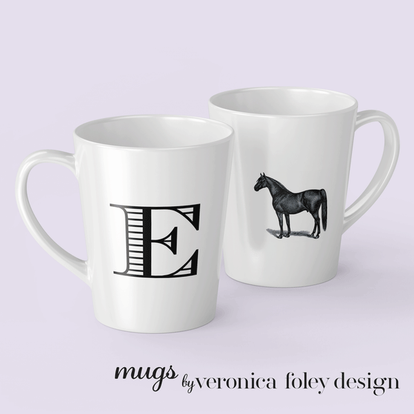Letter E Warmblood Horse Mug with Initial, Tapered Latte Style
