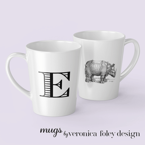 Letter E Durer Rhinoceros Mug with Initial, 12 ounce Tapered Latte Style