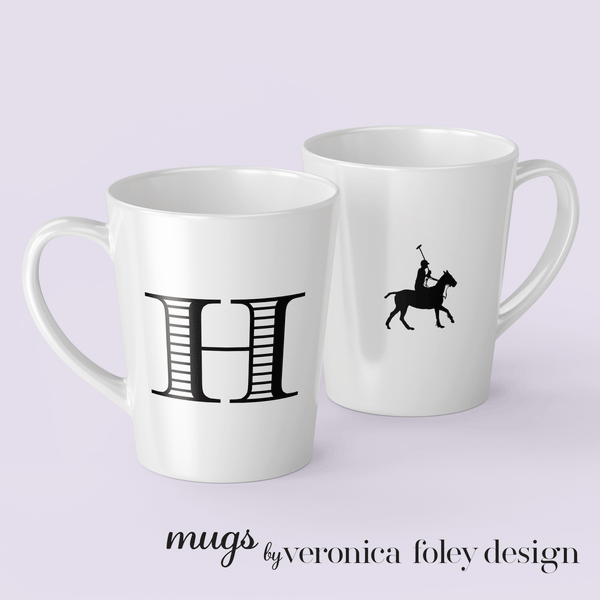 Letter H Polo Pony or Horse Mug with Initial, Tapered Latte Style