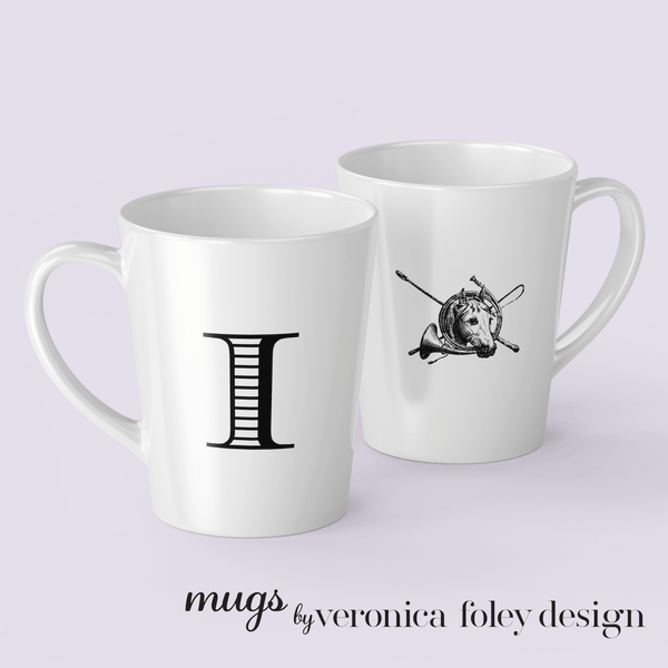Letter I Equestrian Motif Horse Mug with Initial, Tapered Latte Style