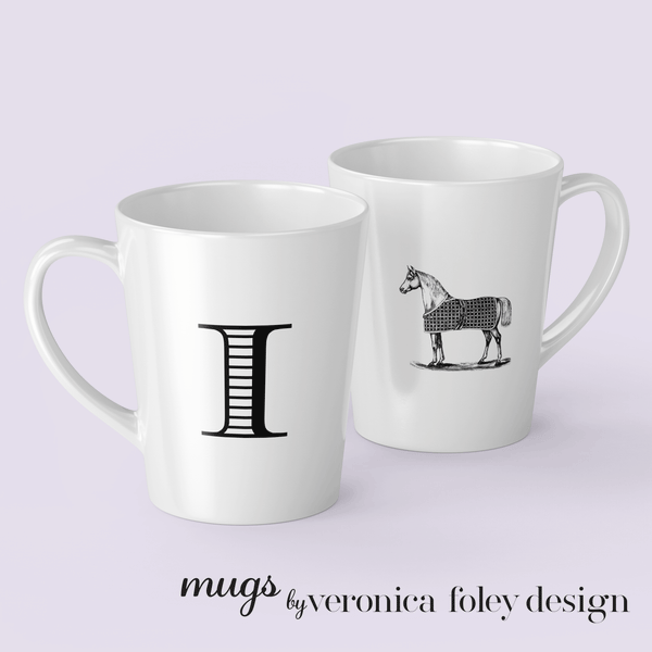Letter I Vintage Blanket on Horse Mug with Initial, Tapered Latte Style