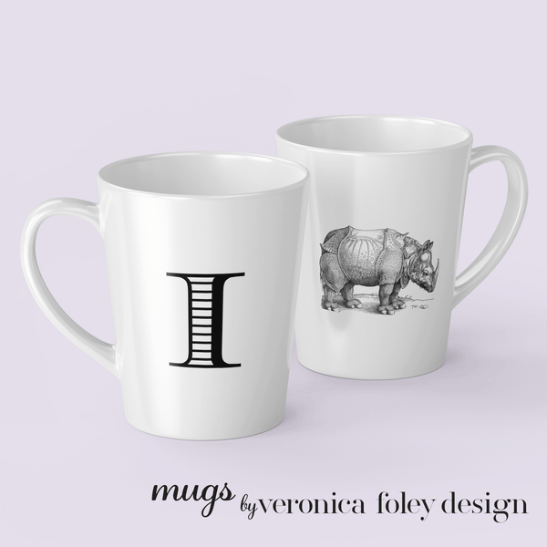 Letter I Durer Rhinoceros Mug with Initial, 12 ounce Tapered Latte Style