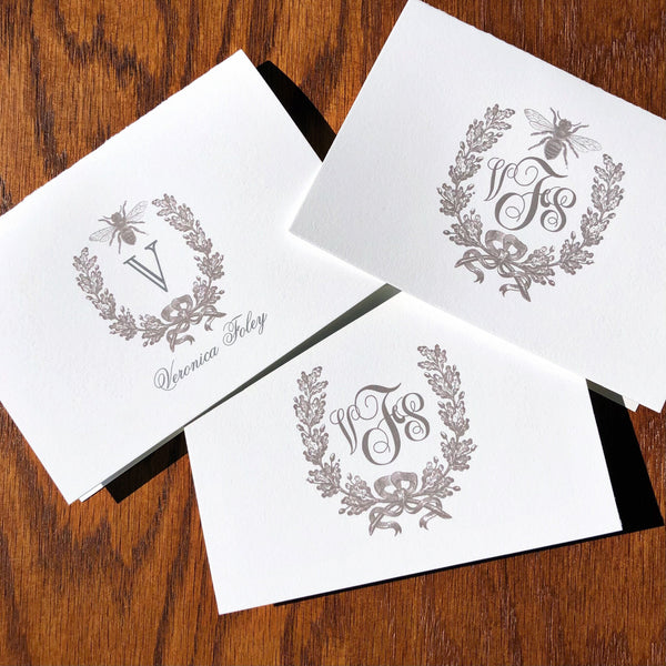 Monogrammed French Bee Stationery with Wreath