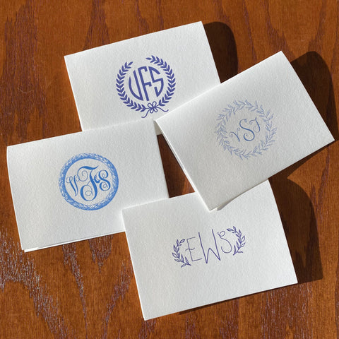 Monogrammed Laurel Wreath Stationery Set of Folded Note Cards, Correspondence Cards or Note Pad