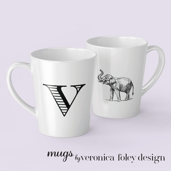 Letter S, T, U, V, W, X, Y, Z Elephant Mug with Initial, Tapered Latte Style