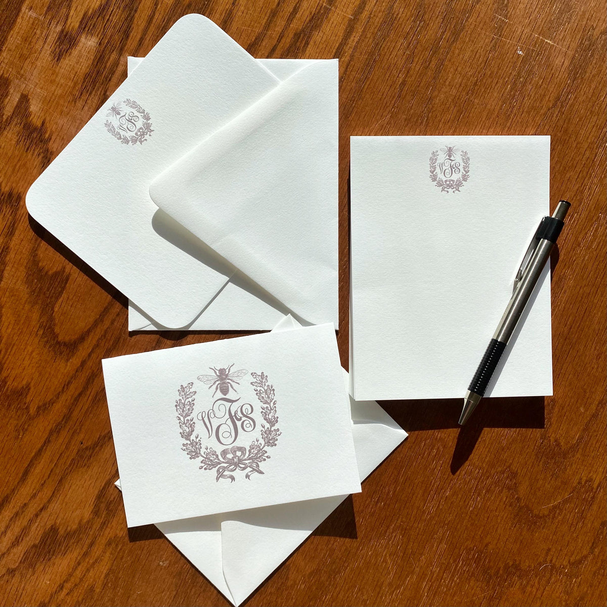 Monogrammed French Bee Stationery with Wreath