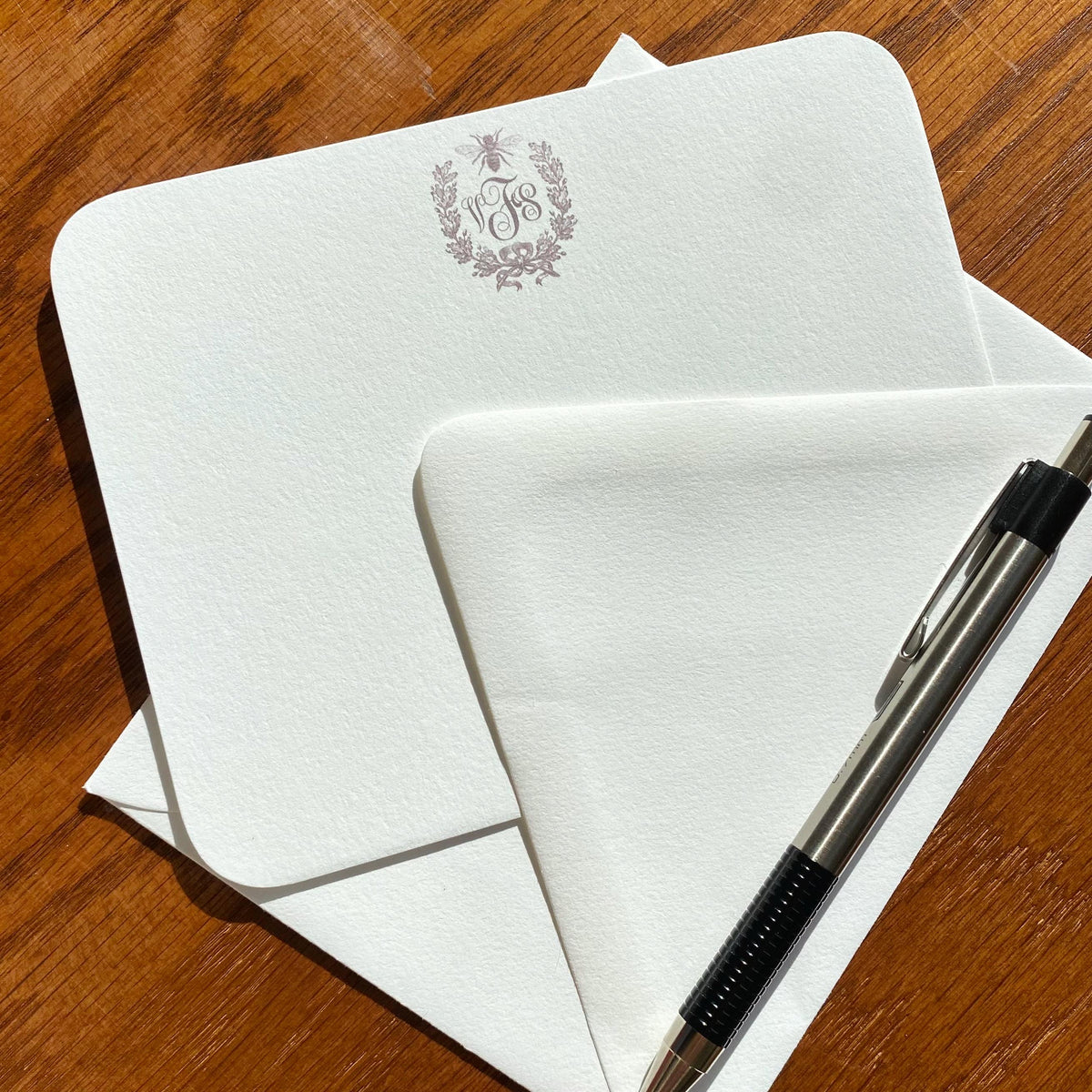 Monogrammed French Bee Stationery with Wreath