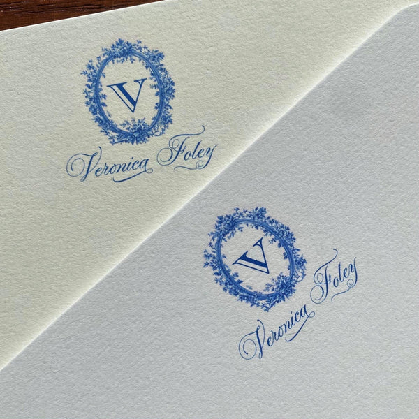 Colette Toile Personalized Notepads | Blue and White Monogram Note Cards | Cotton Stationery