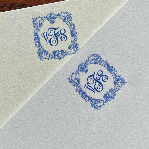 Camille Toile Note Cards | Blue and White Monogram Stationery | Interior Designer Thank You