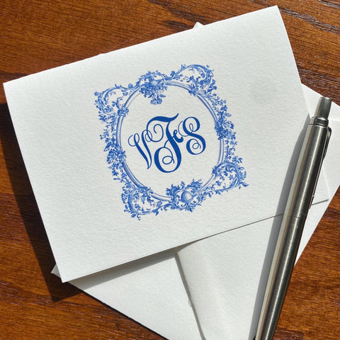 Camille Toile Note Cards | Blue and White Monogram Stationery | Interior Designer Thank You