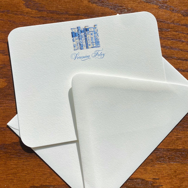 Bibliothèque Toile Note Cards | Blue and White Book Lover Stationery | Literary Home Decor Gift