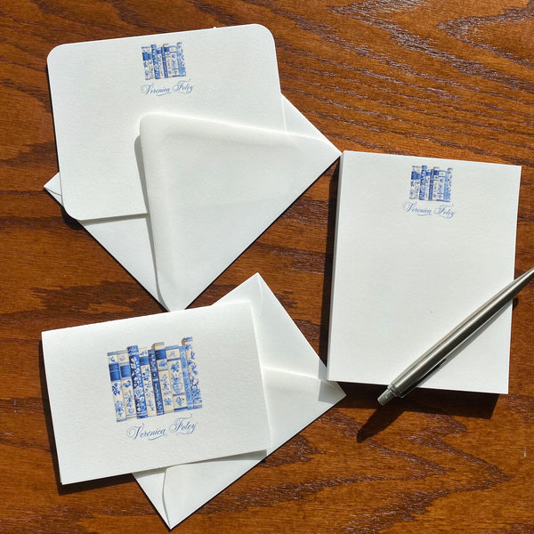 Bibliothèque Toile Note Cards | Blue and White Book Lover Stationery | Literary Home Decor Gift