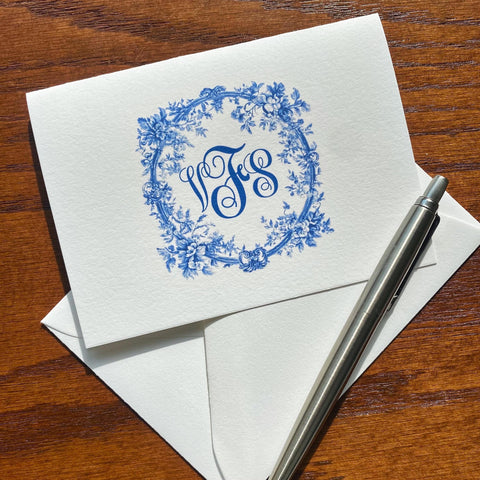 Amélie Toile Floral Monogram Note Cards | Blue and White Traditional Stationery | Wedding Florist Notes