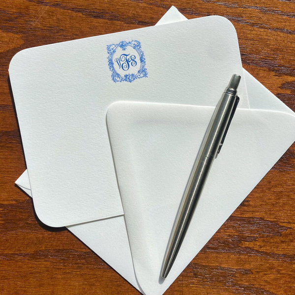 Camille Toile Note Cards | Blue and White Monogram Stationery | Interior Designer Thank You