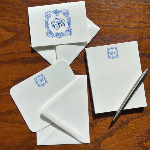 Camille Toile Note Cards | Blue and White Monogram Stationery | Interior Designer Thank You