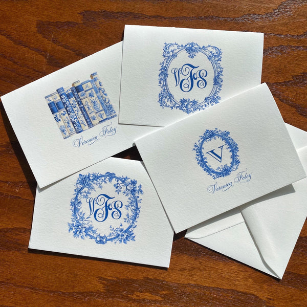 Camille Toile Note Cards | Blue and White Monogram Stationery | Interior Designer Thank You